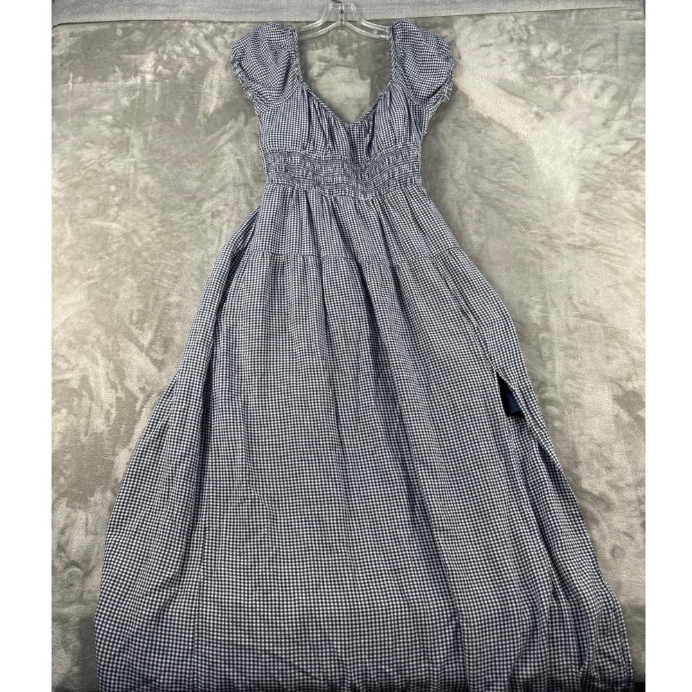 Hollister Dress Womens M Maxi Blue White Gingham Smocked Side Slit EUC